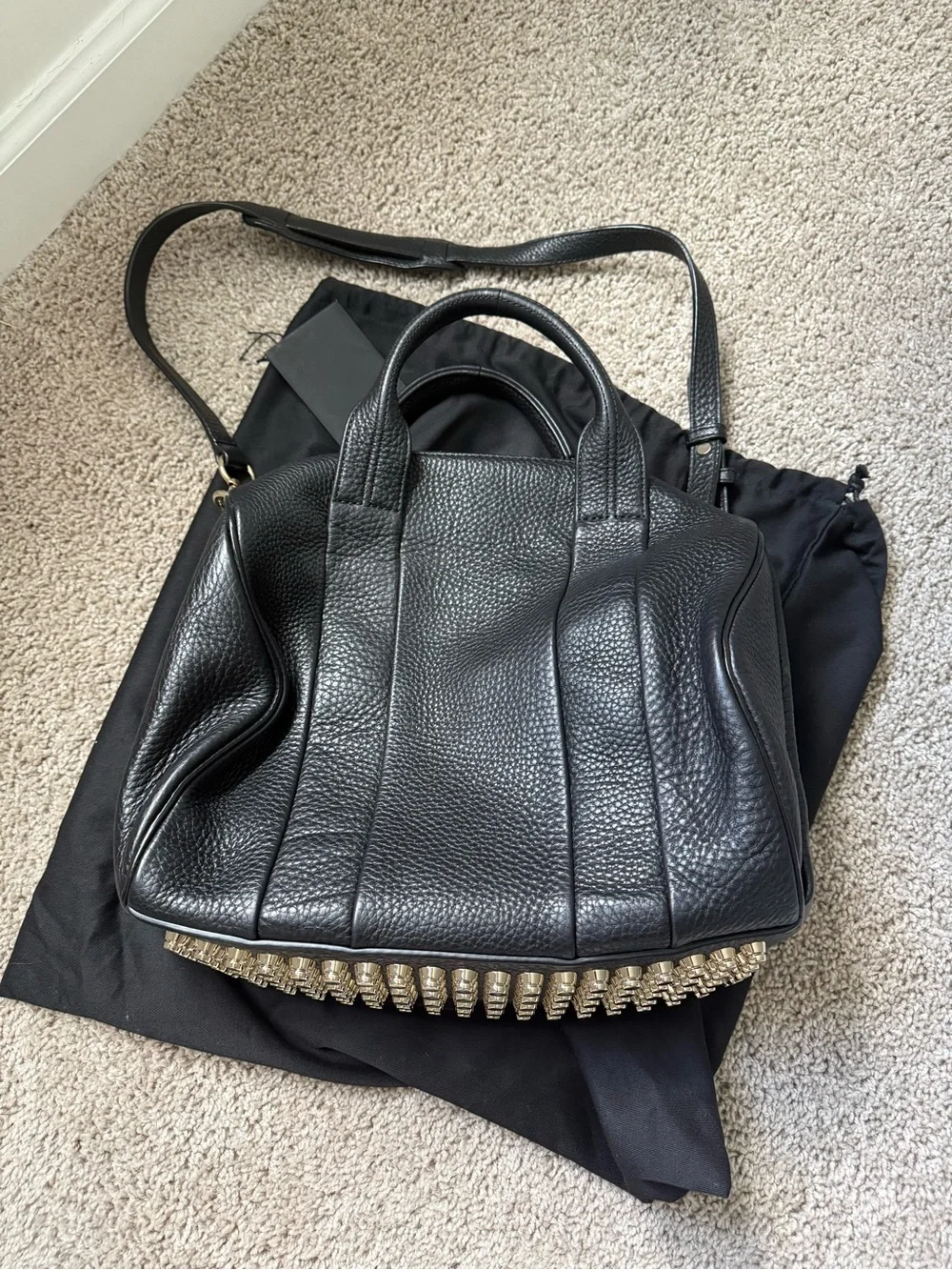 Alexander Wang Black Pebbled Leather Satchel with Gold Studded Base